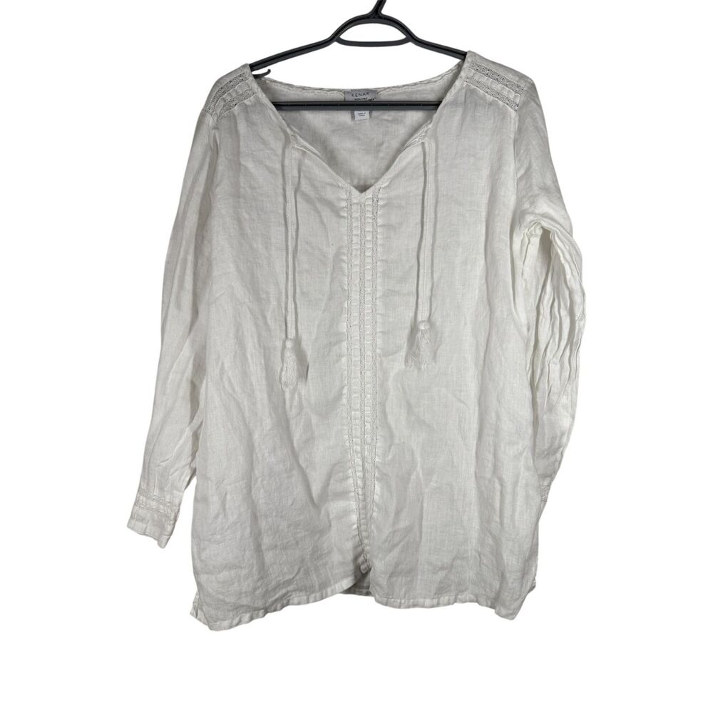 Kenar 100% Linen White Tunic Popover Top Womens Sz L Cottagecore Boho Peasant